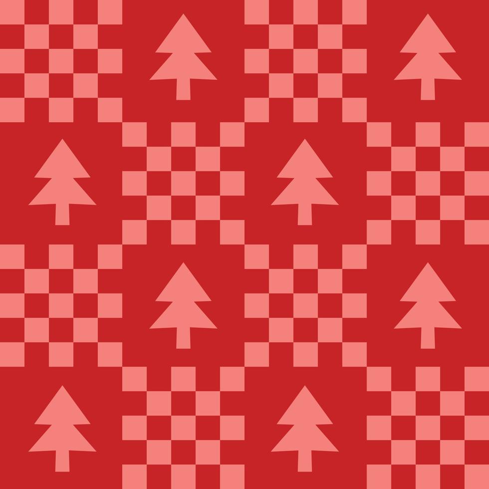 Cute patchwork Christmas seamless pattern background with Xmas tree icon, monochrome red checkerboard backdrop. Modern, trendy vector design, aesthetic retro vibe print for textile, wallpaper