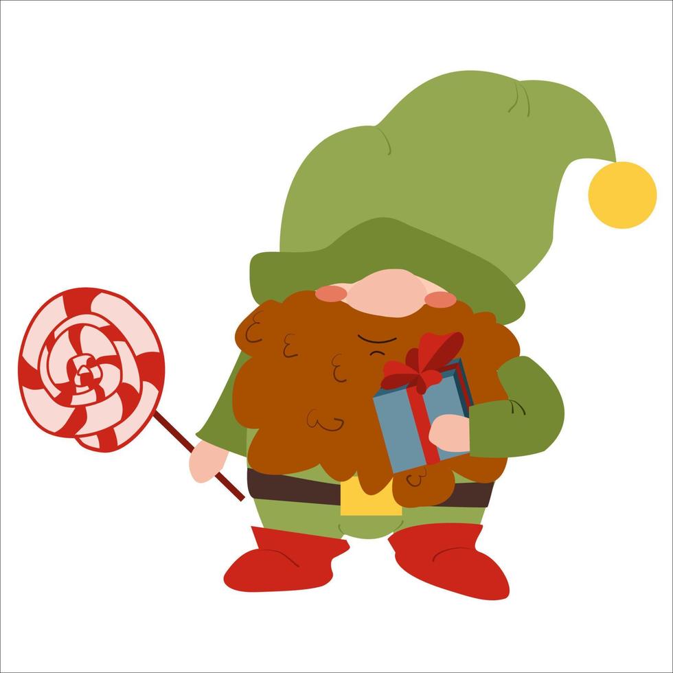 A Christmas gnome with a gift and a lollipop in his hands. A symbol of the new year. vector