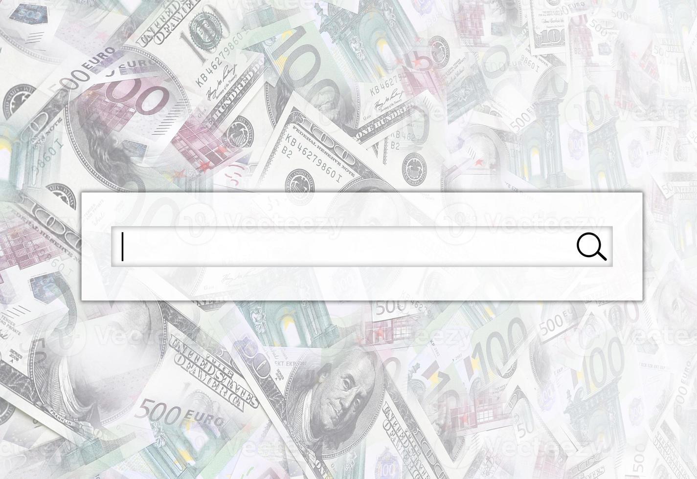 The search string is located on top of collage of many images of euro banknotes in denominations of 100 and 500 euros lying in the heap photo