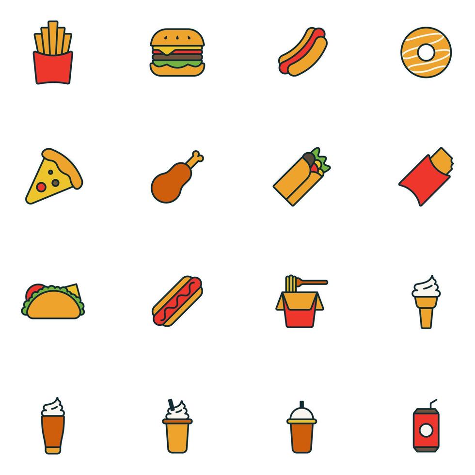 conjunto de iconos de línea llena de comida rápida vector