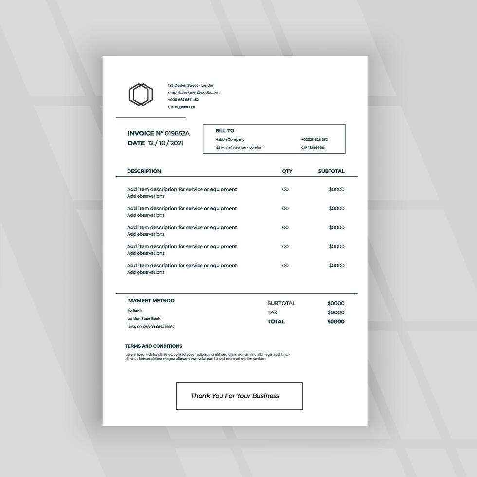 Invoicing quotes, money bills or price invoices and payment agreement design templates vector