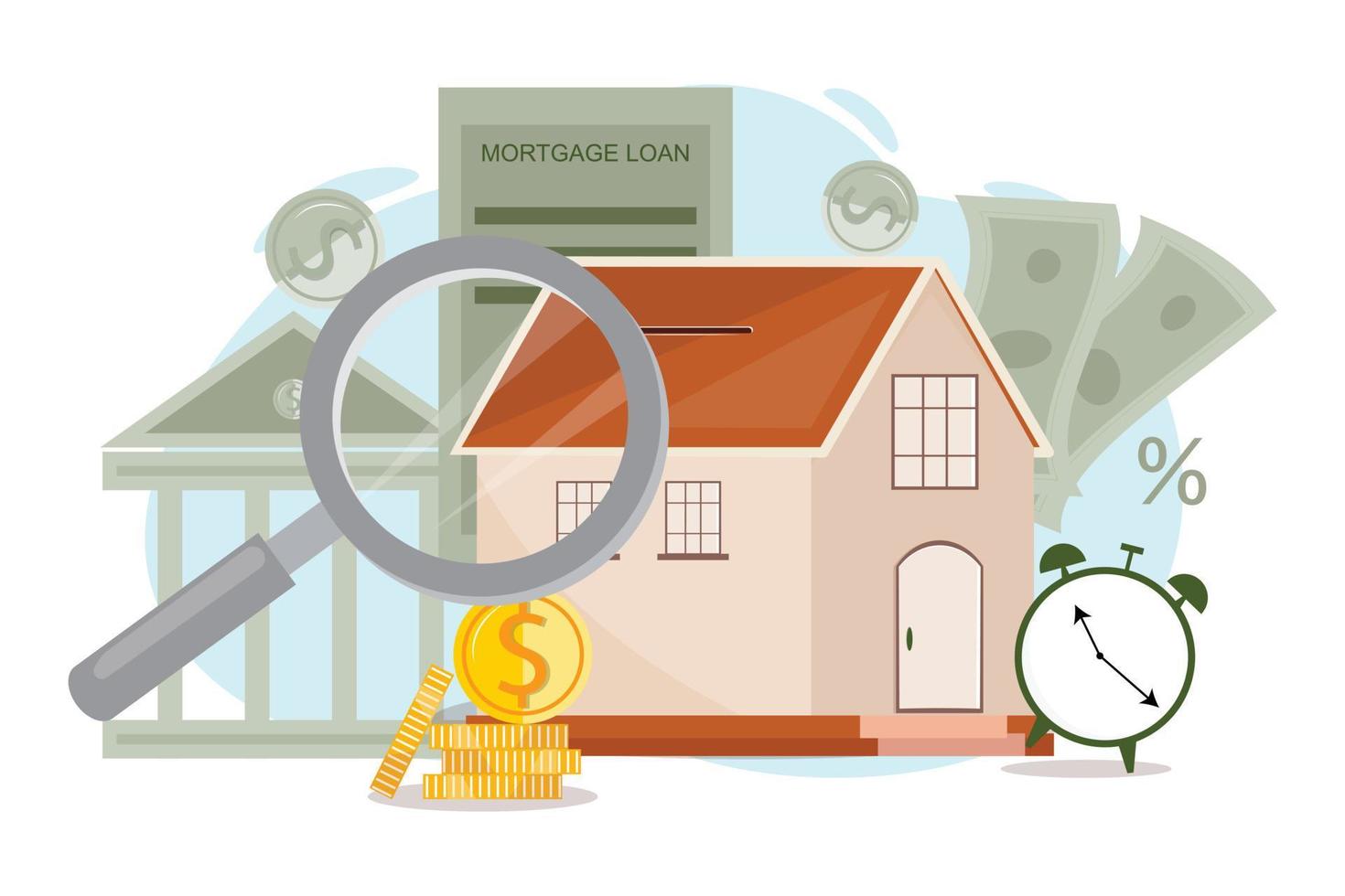 Modern illustration with a house, magnifying glass, coins, conract, bank, money. Real estate, savings, finance, banking, credit, mortgage loan concept illustration. vector