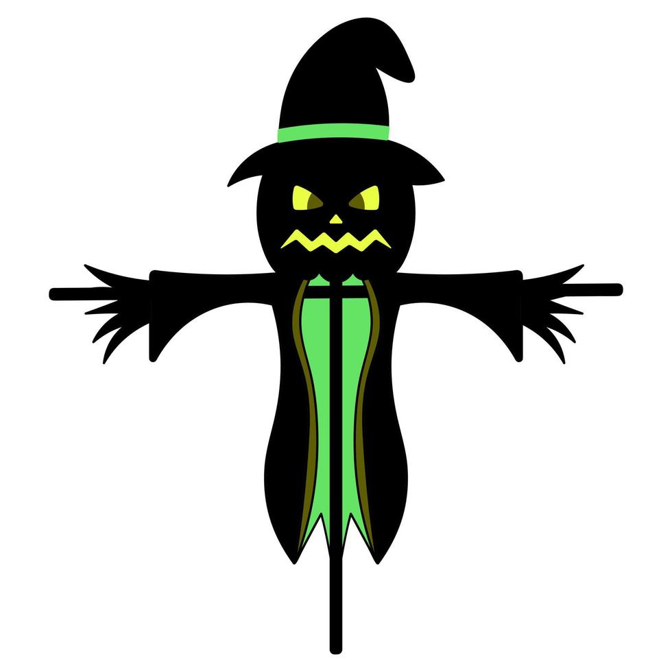 Scarecrow. Silhouette. Scare birds away. Pumpkin on the head. Angry facial expression with shining eyes. A scarecrow in rags and a hat. Vector illustration. An ominous grimace. Halloween symbol.