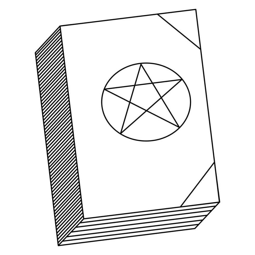 A book with spells. On the cover is a pentagram in the shape of a star. Vector illustration. Doodle style. Sketch. Coloring book for children. Halloween symbol. Handbook of the witch. Pentagonal star