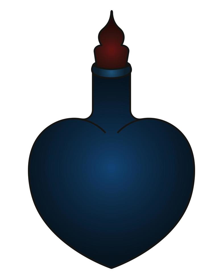 A bottle of love potion. Heart shaped vessel. Cartoon style. A miraculous drink. Witch broth in a bottle. Halloween symbol. All Saints Day. The container is tightly sealed with a stopper. vector