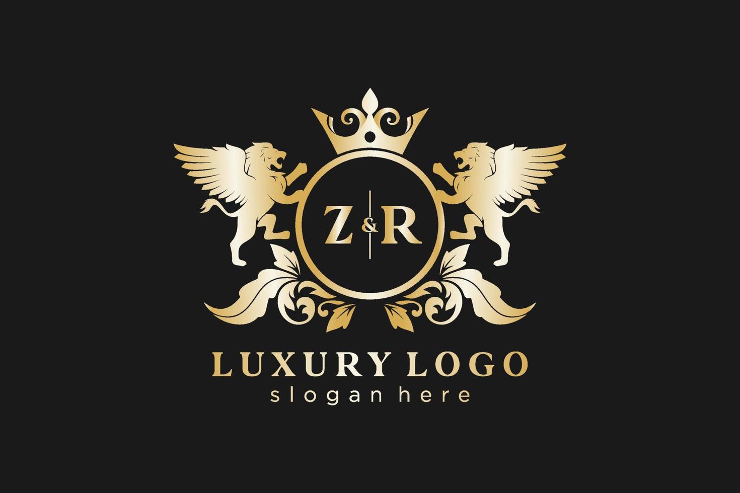 plantilla de logotipo de lujo real de león de letra zr inicial en arte vectorial para restaurante, realeza, boutique, cafetería, hotel, heráldica, joyería, moda y otras ilustraciones vectoriales. vector