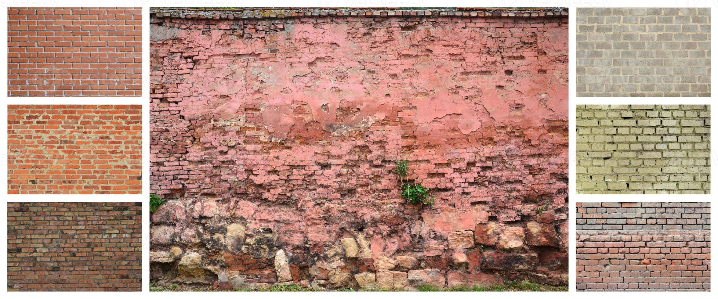 A collage of many pictures with fragments of brick walls of different colors close-up. Set of images with varieties of brickwork photo