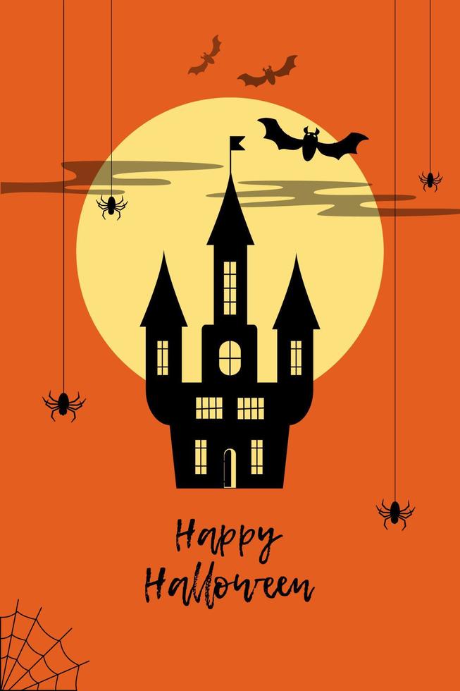 Happy Halloween congratulation, vector object moon, bat, cobweb, spider, for screen or print design, article preview, model flyer, ready-made template greeting post card