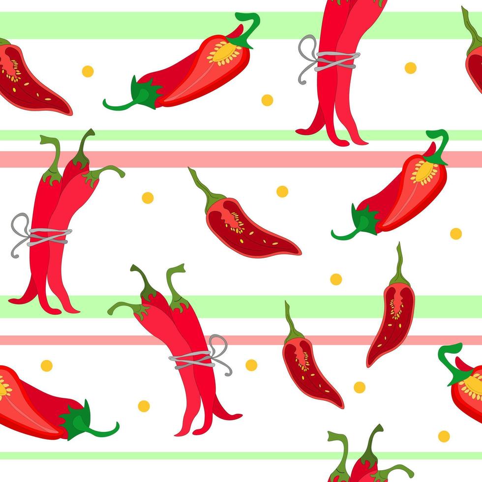 Seamless pattern of pepper pods in bundle, slices and halves of red chili pepper. Hot pepper, paprika and spices. striped pattern of the cover, advertising, blog, menu and print on fabric. Vector