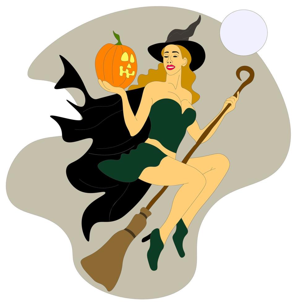 cute witch is flying around the room with a pumpkin in her hand against the background of the moon. A beautiful woman in a creepy hat and a black raincoat. Vector illustration of Halloween.