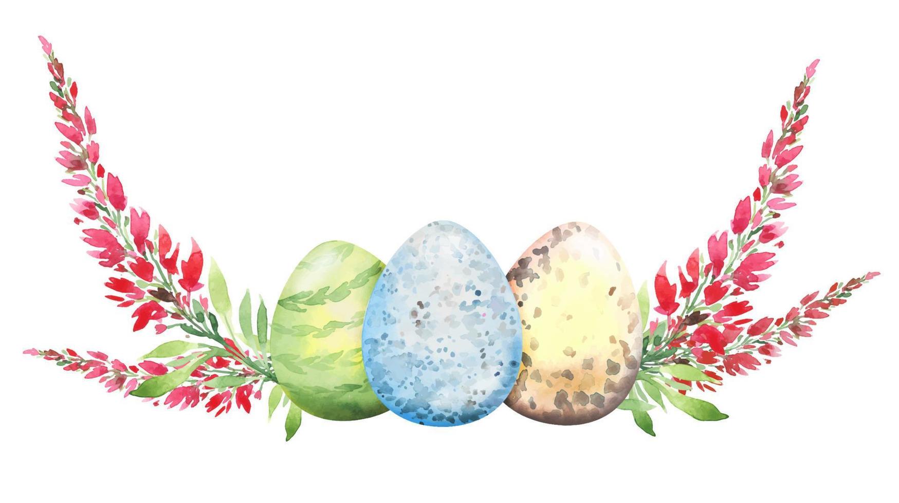 Easter floral composition with red and yellow flowers, branches, leaves and eggs. Flower bouquet, watercolor illustration vector
