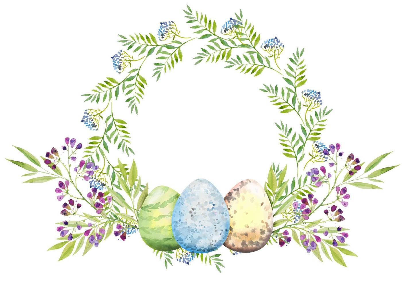 corona floral de pascua con flores violetas, ramas, hojas y huevos. ramo de flores, ilustración acuarela. feliz tarjeta de pascua vector