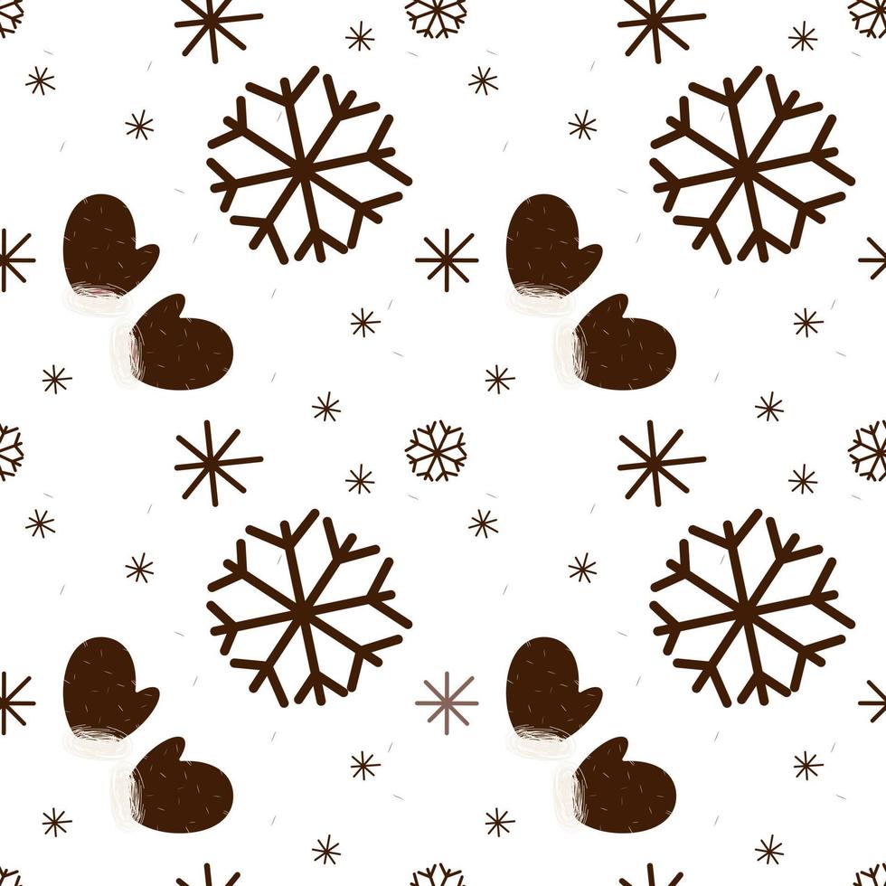 Christmas Pattern. Seamless vector brown mittens and snowflakes. Large and small drawn snowflakes. Seamless holiday pattern for Christmas gifts or fabric