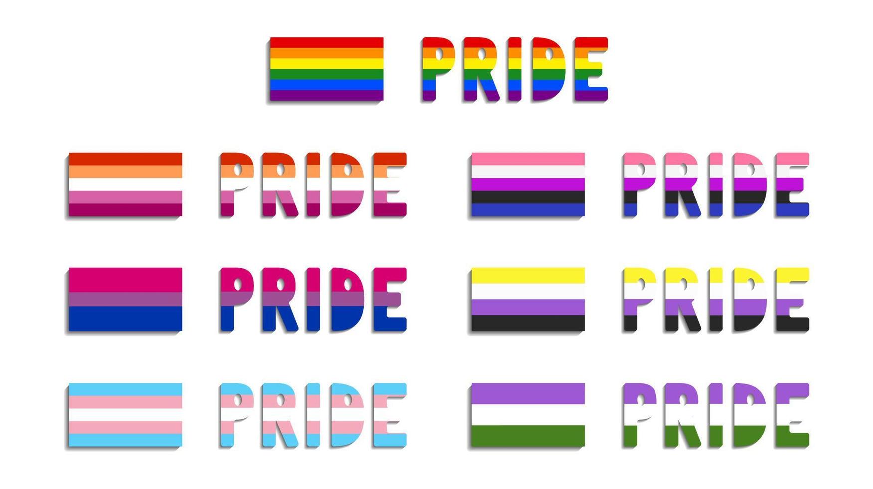 conjunto de banderas de orgullo de identidad sexual, símbolos lgbt. banderas de identidades transgénero, bisexuales, lesbianas, de género fluido y no binarias. ilustración vectorial orgullo de letras en el color de las banderas. vector