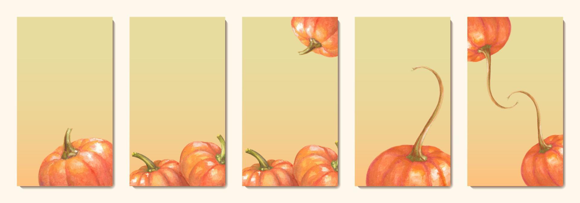 conjunto de fondos con calabazas. primer plano de calabaza acuarela sobre un fondo naranja claro. fondo de pantalla vertical del teléfono móvil. ilustración vectorial vector