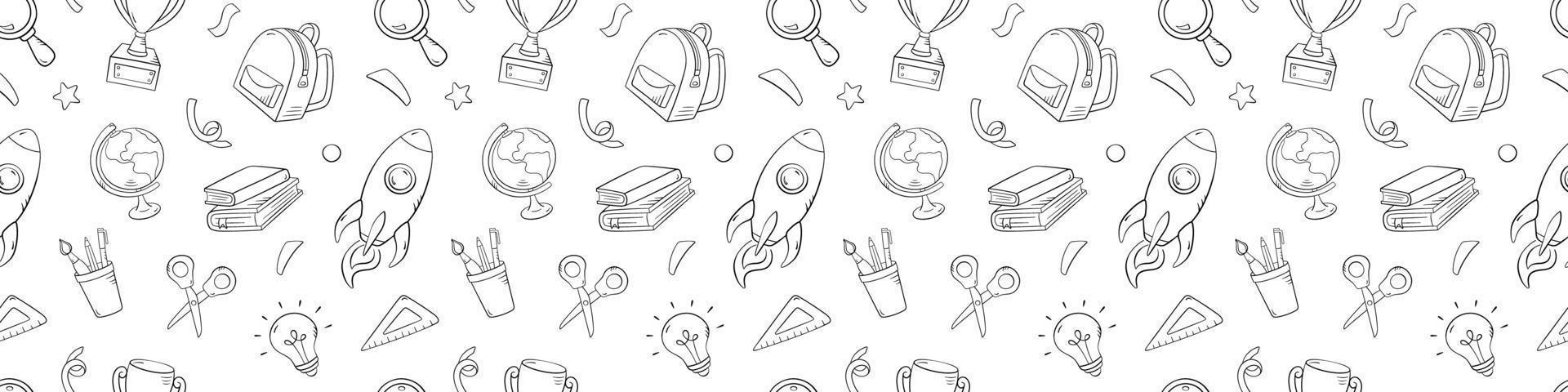 School seamless pattern in doodle style, vector illustration. Back to school concept, stationery symbols on a white background. Pattern hand drawn for print and design online education, quiz game