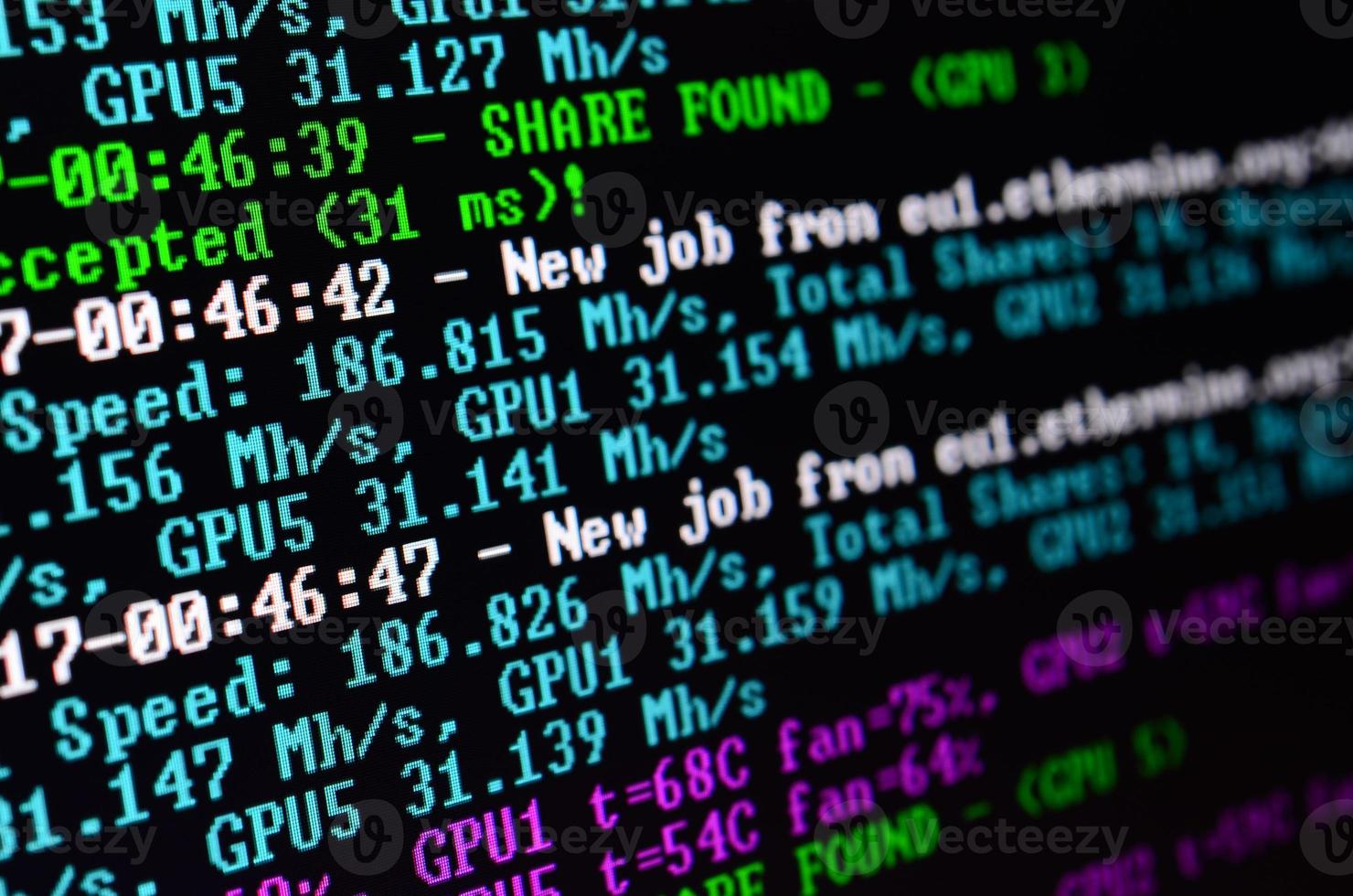 Macro snapshot of the program interface for crypto currency mining on the monitor of an office computer. The concept of mining bitcoins. The flow of information strings and data photo