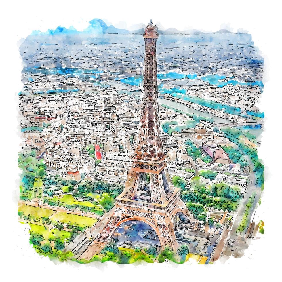 Eiffel Tower Paris France Watercolor sketch hand drawn illustration vector