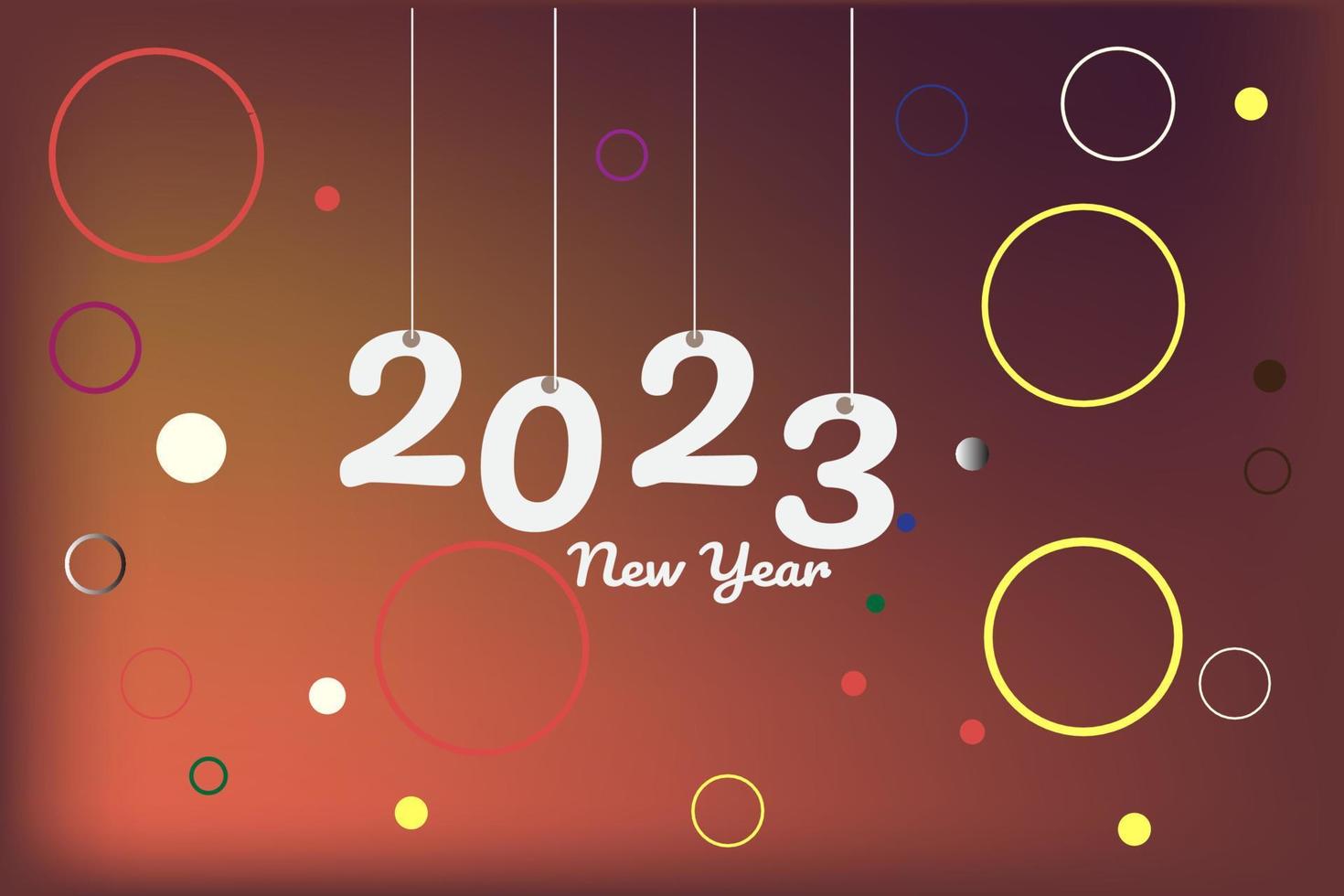 Background Happy new year 2023. Hanging white paper number with confetti on a colorful blurry background. vector