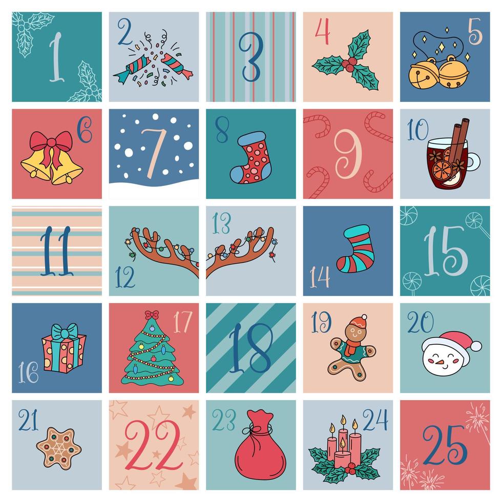 Advent calendar. Funny Christmas doodle elements. Xmas numbers from 1 to 25. Vector illustration of holiday hand drawn objects on colorful squares. Traditional december countdown 25 days calendar
