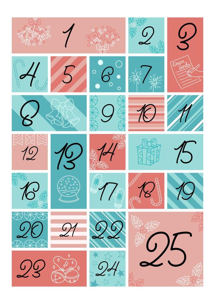 Advent calendar vertical page A4, A5. Christmas doodle elements. Xmas numbers from 1 to 25. Vector illustration of holiday hand drawn objects. Traditional december countdown 25 days calendar