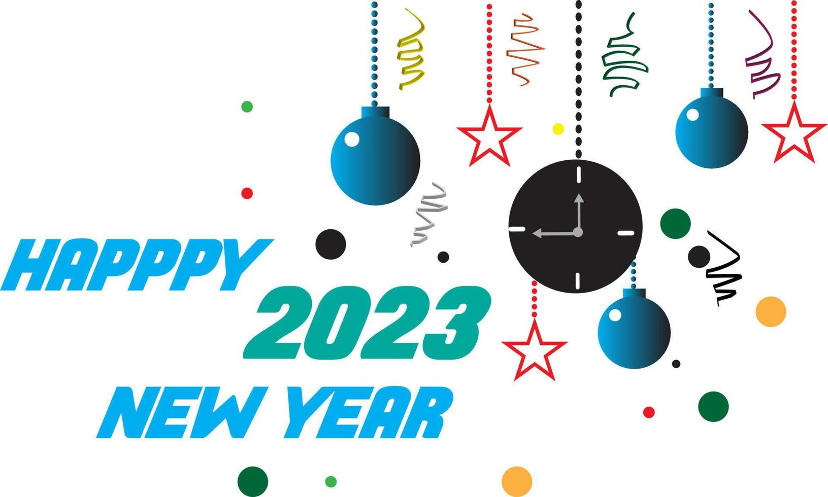 Background happy new year 2023 and ornament.2023 Happy New Year. Golden metal number in glass Christmas balls hang on ribbon. Realistic 3d render metallic sign. vector