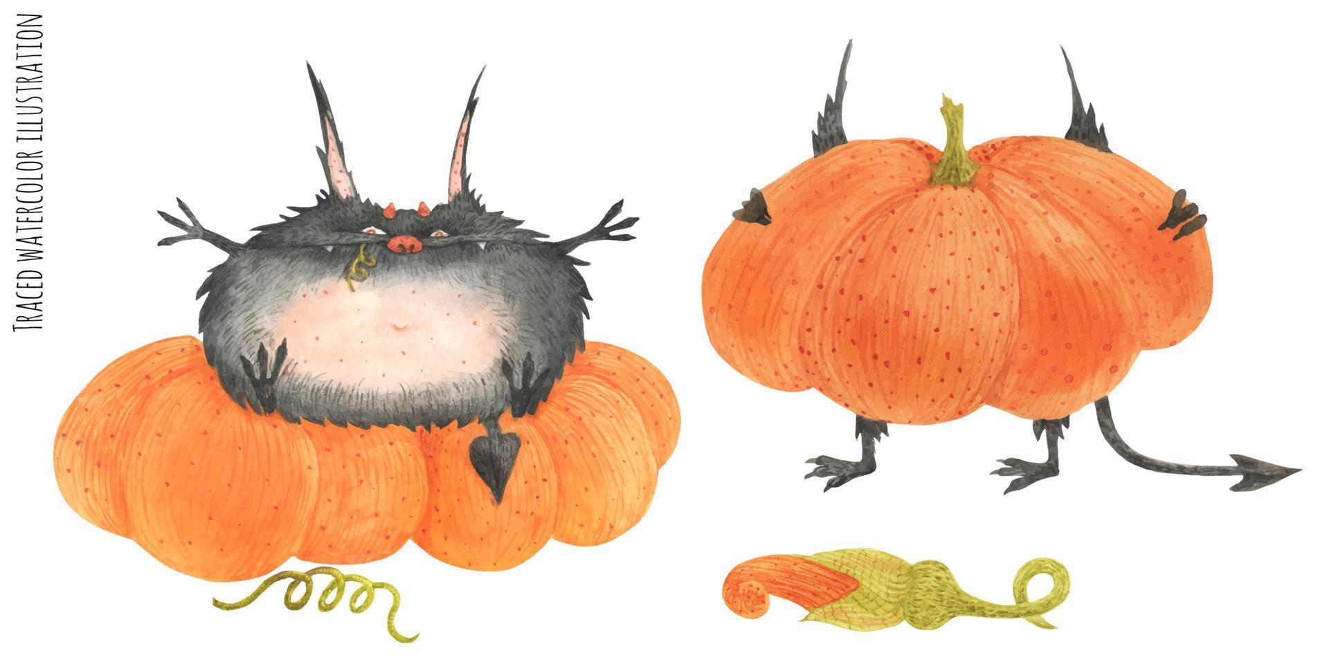 Little Furry Devils on the pumpkin field vector
