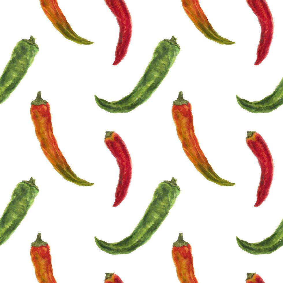 Small green, orange and red hot peppers, watercolor seamless pattern vector