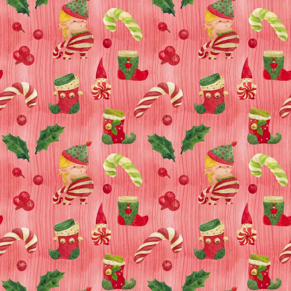 Christmas Elves Story seamless pink watercolor pattern with girl elf and candy canes vector