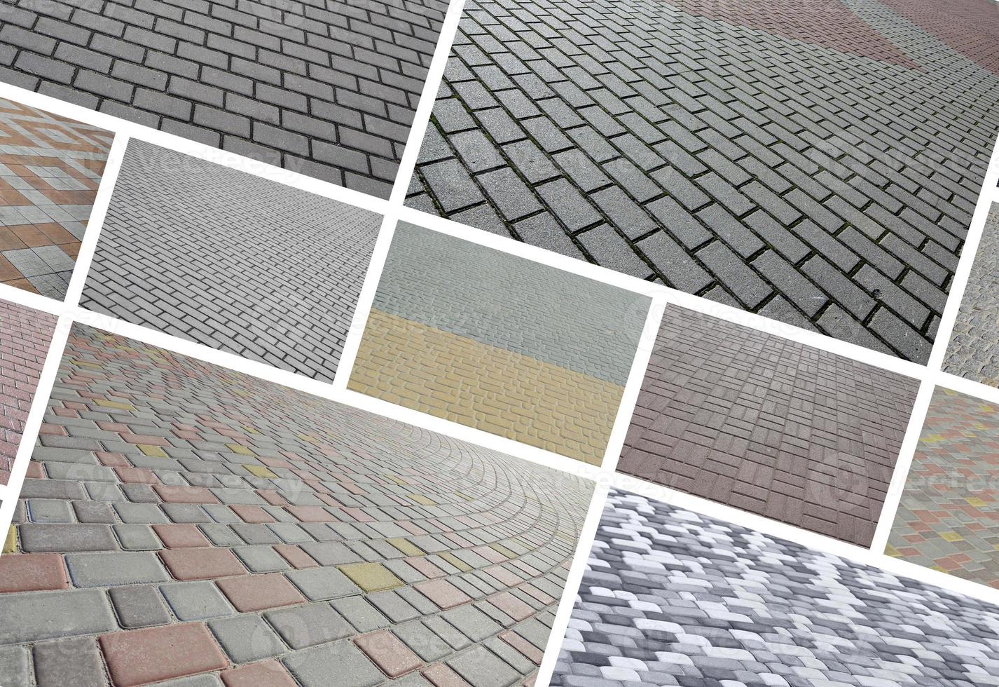 A collage of many pictures with fragments of paving tiles close-up. Set of images with pavement stone photo