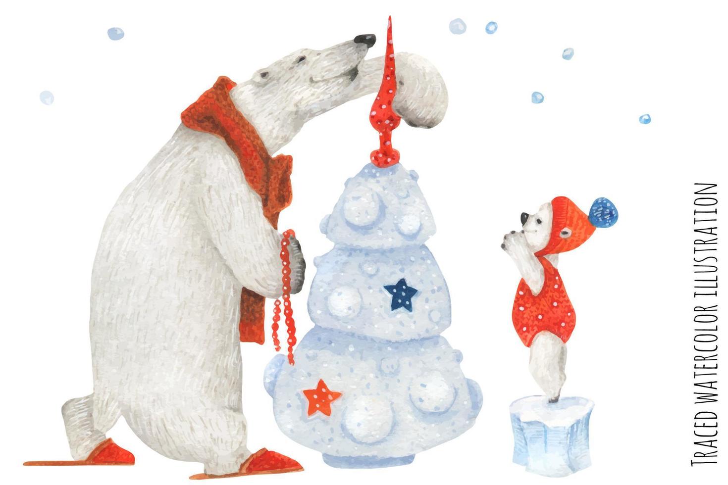 Big Polar Bear and Teddy-bear decorate the New Year Tree vector