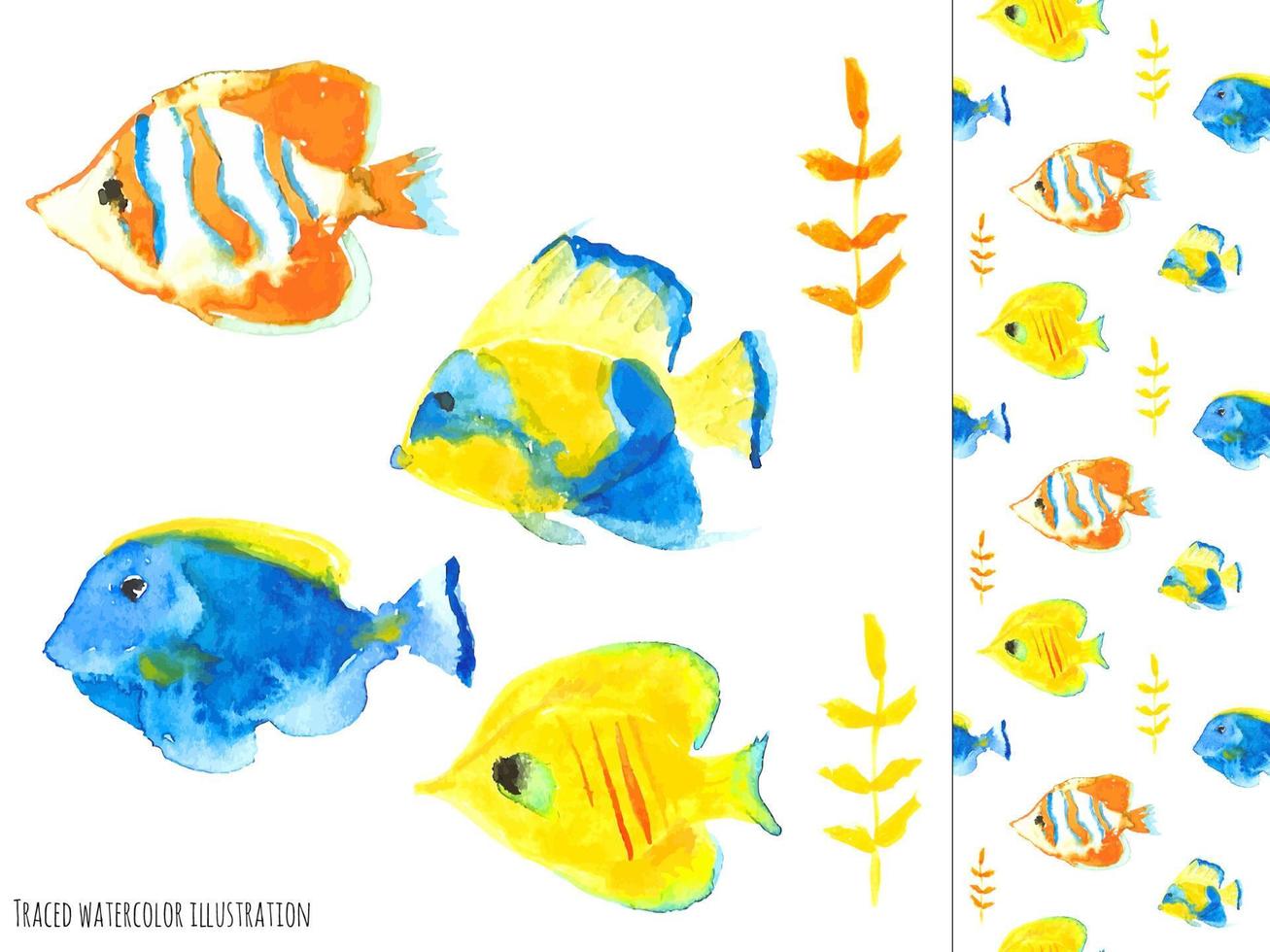 Seawater fish, objects and seamless pattern vector