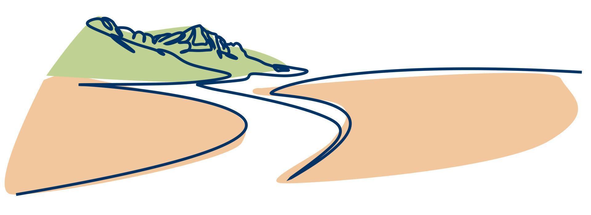 Simple continues line drawing of mountain landscape. Flat color design style for outdoor activities and traveling concept illustration vector