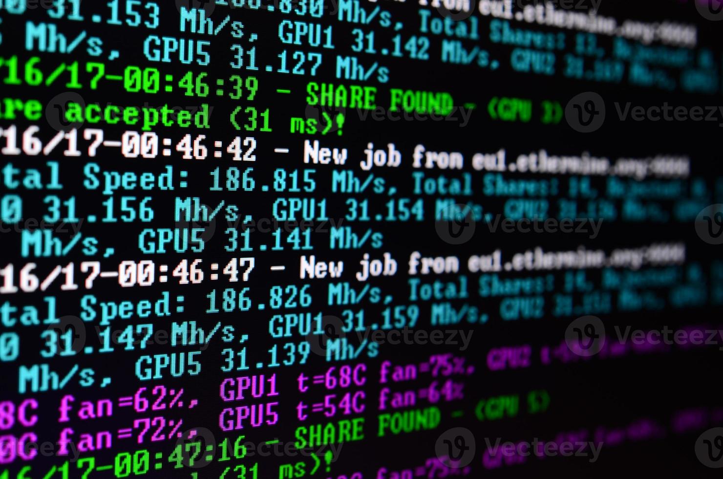 Macro snapshot of the program interface for crypto currency mining on the monitor of an office computer. The concept of mining bitcoins. The flow of information strings and data photo