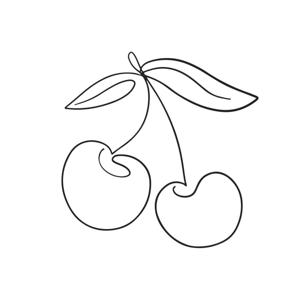 One line cherry drawing, isolated on white. Minimalist black linear sketch vector