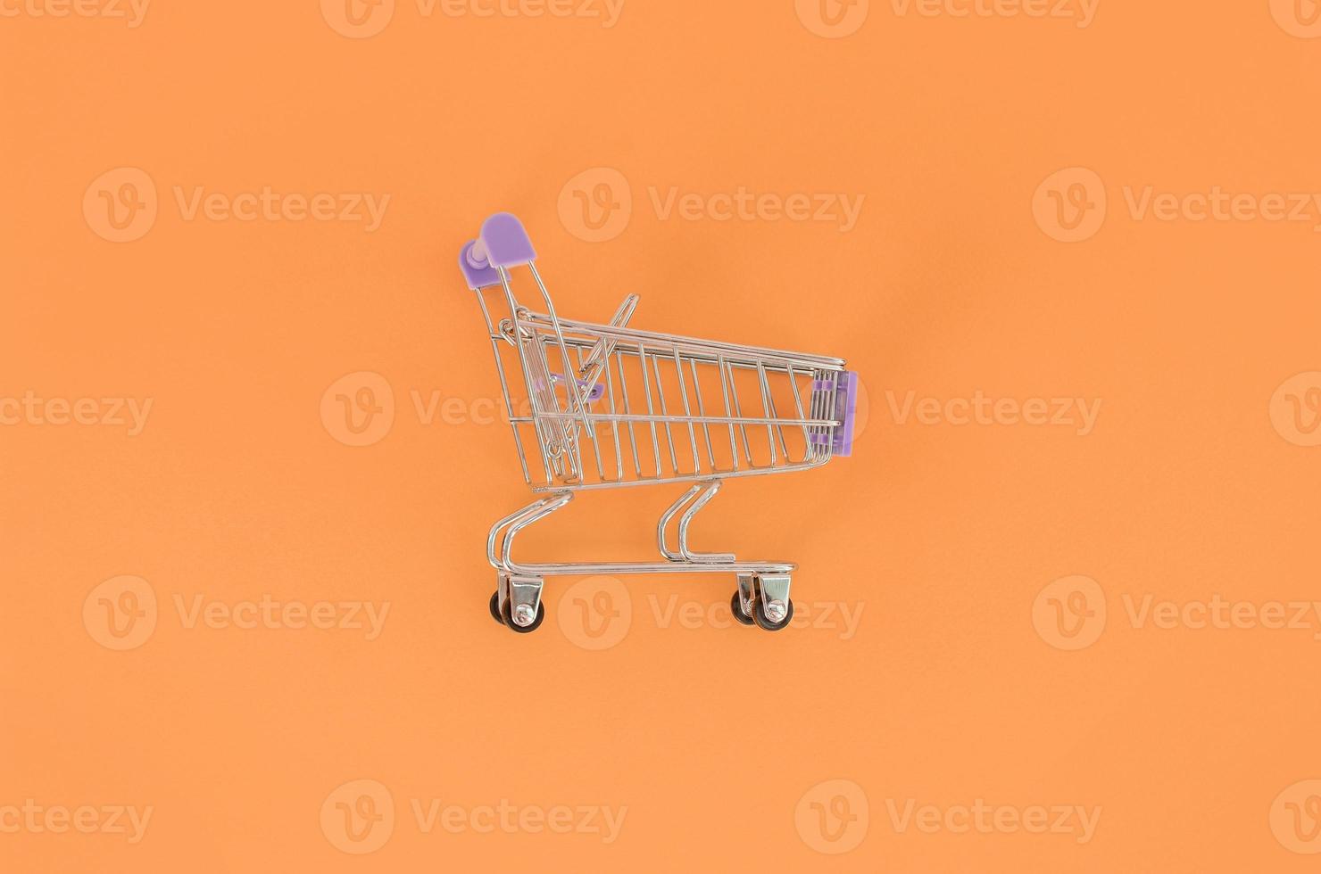 Shopping addiction, shopping lover or shopaholic concept. Small empty shopping cart lies on a pastel colored paper background. Flat lay minimal composition, top view photo
