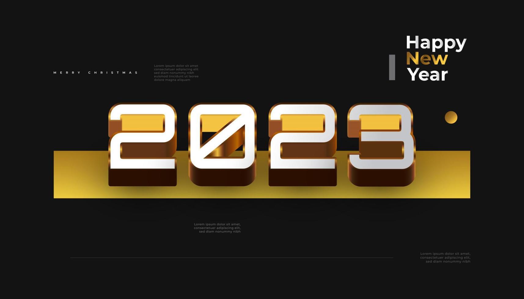 Happy New Year 2023 Banner with 3D White and Gold Numbers Isolated on Black Background. 2023 New Year Design for Banner, Poster, or Greeting Card vector