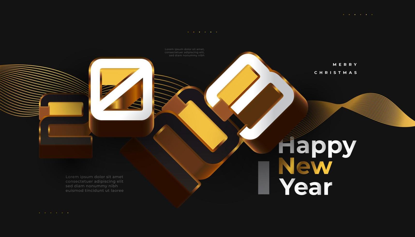 Happy New Year 2023 Banner with 3D Black, White and Gold Numbers Isolated on Black Background. 2023 New Year Design for Banner, Poster, or Greeting Card vector