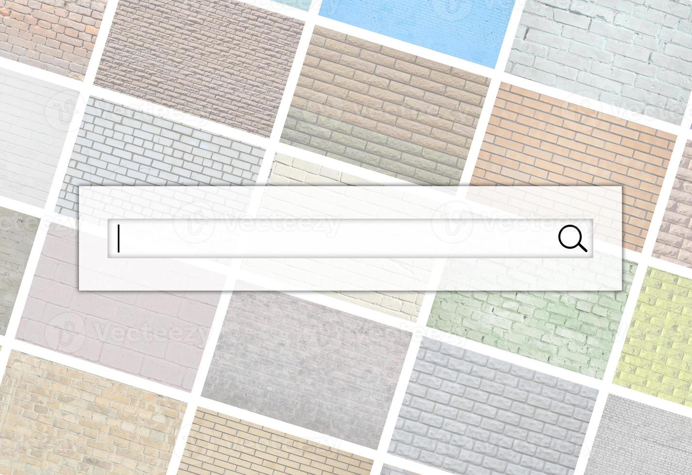 Visualization of the search bar on the background of a collage of many pictures with fragments of brick walls of different colors close-up. Set of images with varieties of brickwork photo