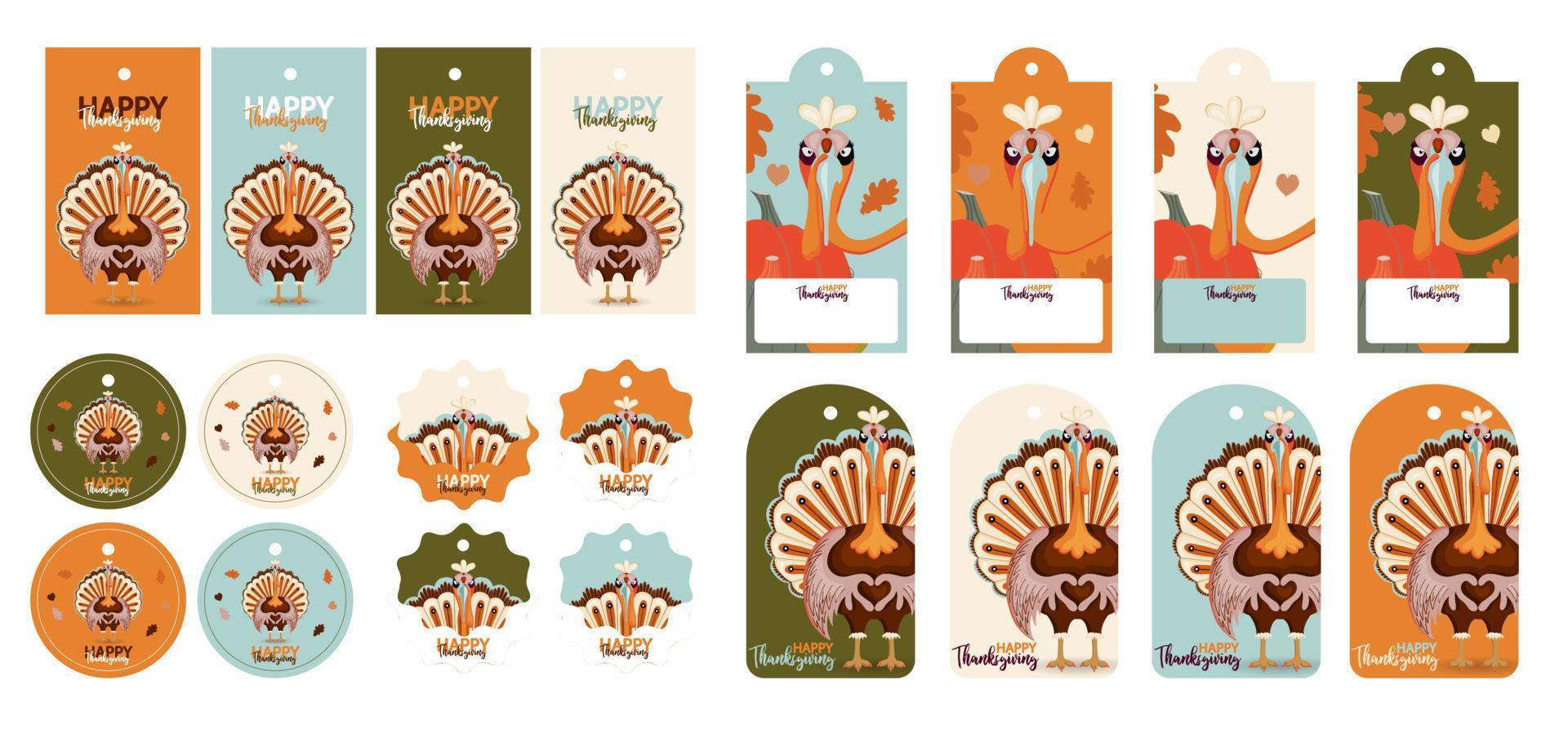 Happy Thanksgiving autumn set. Vector illustration. Thanksgiving digital painting, cute turkey gift tags, cards. Festive background with funny turkeys