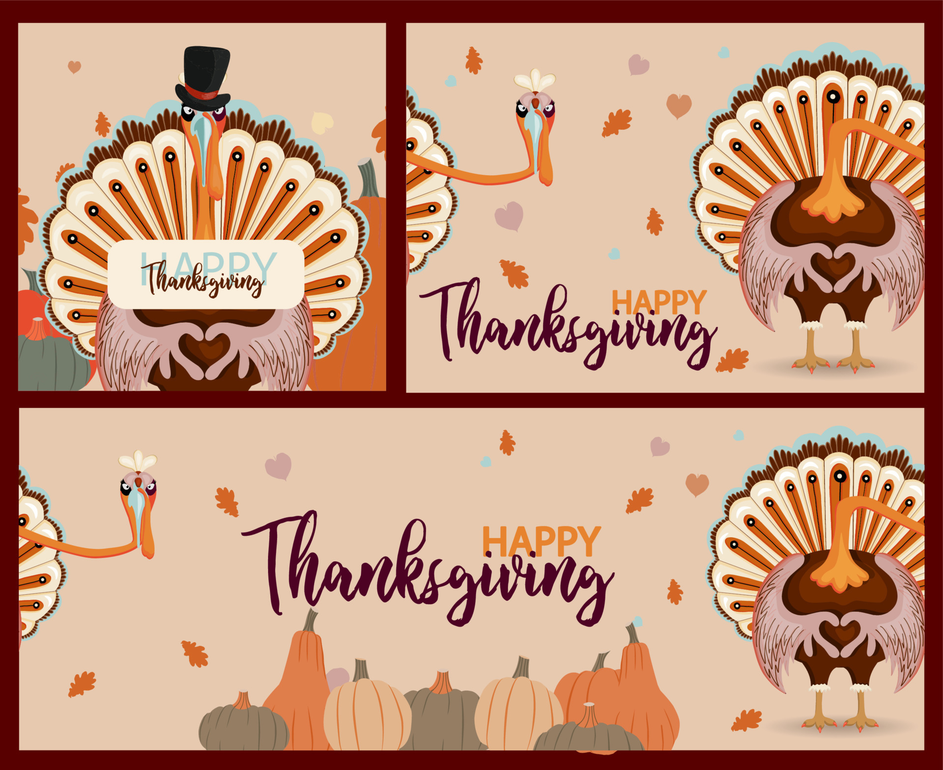 Thanksgiving autumn set. Vector  you digital painting,  cute turkey banner, card. Festive background with funny turkey 12764895  Vector Art at Vecteezy