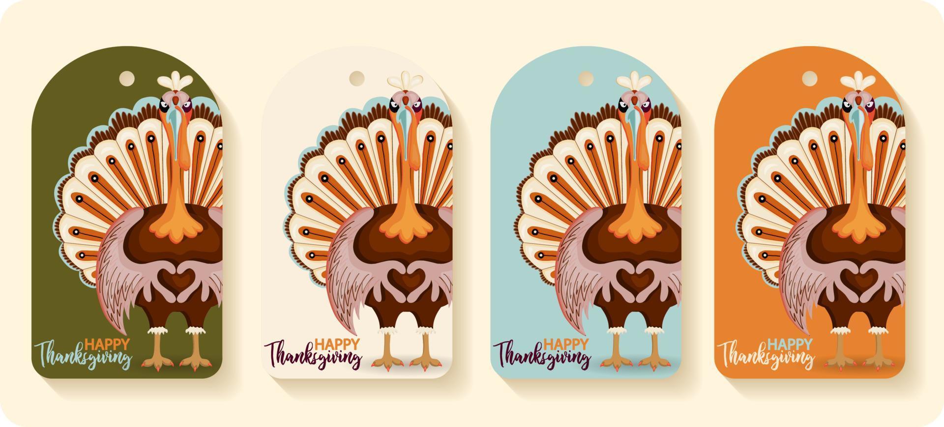 feliz juego de otoño de acción de gracias. ilustración vectorial pintura digital de acción de gracias, lindas etiquetas de regalo de pavo, tarjetas. fondo festivo con divertidos pavos vector