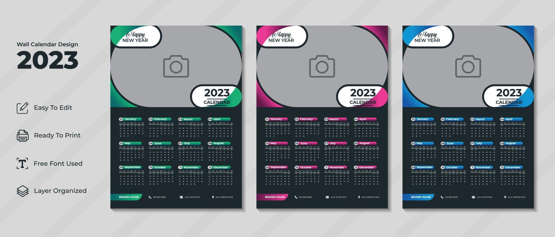 plantilla de diseño de calendario de pared moderno 2023 con fondo negro. diario corporativo y planificador de negocios para el nuevo año 2023, la semana comienza el domingo. vector