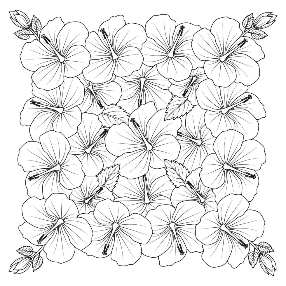chinese hibiscus flower hand drawn coloring page illustration with line art on isolated background vector
