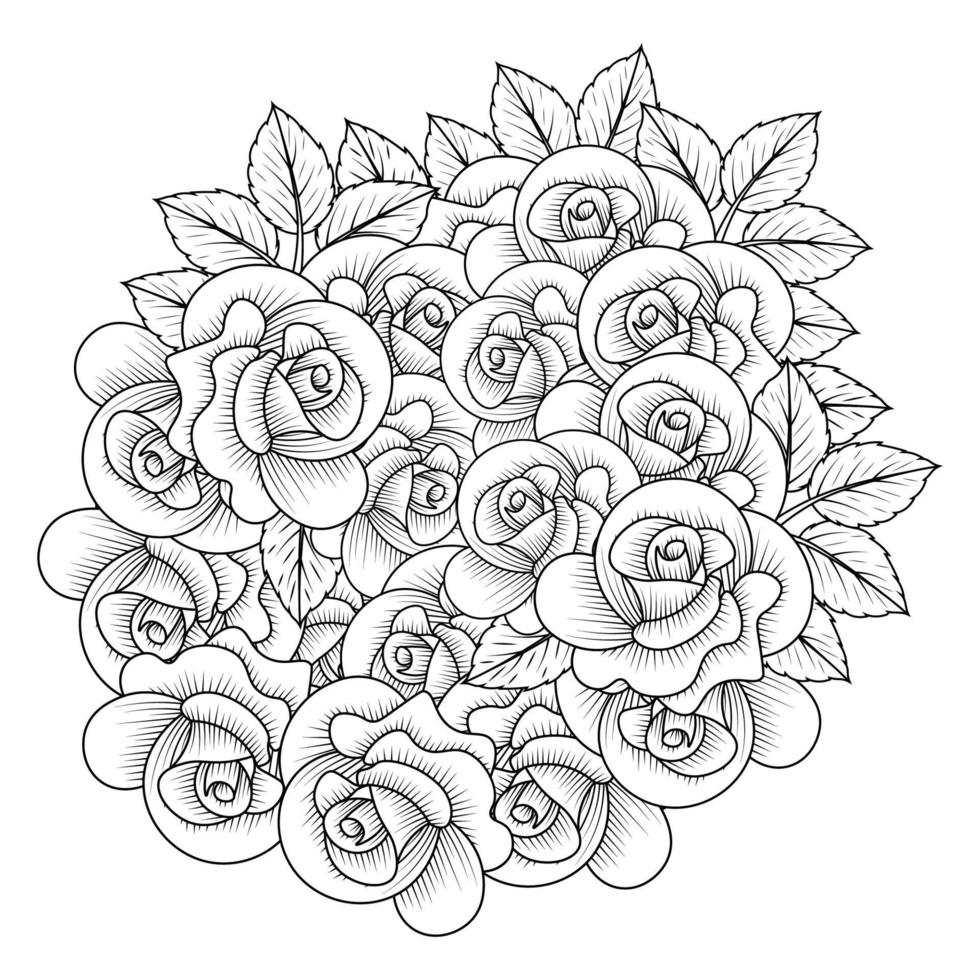 ilustración de vector de flor rosa con ramo de rosas pétalo floreciente para página de coloración de adultos