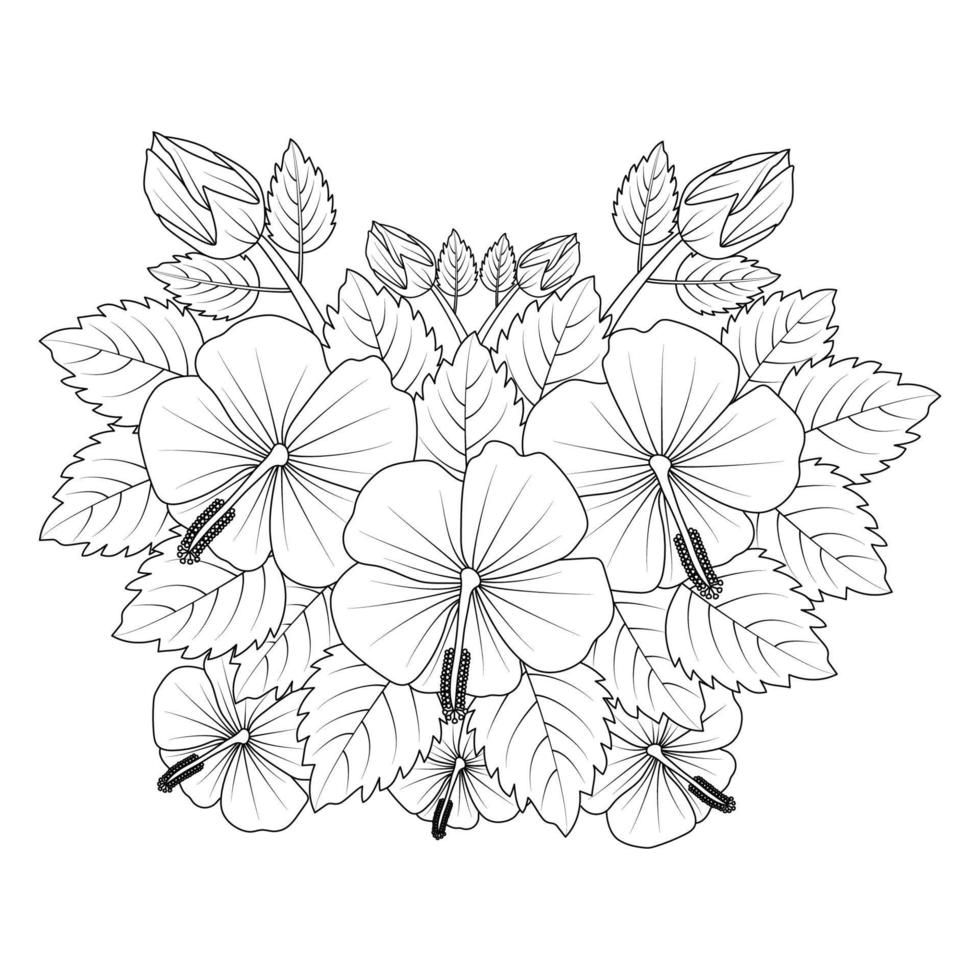 chinese hibiscus flower hand drawn coloring page illustration with line art on isolated background vector