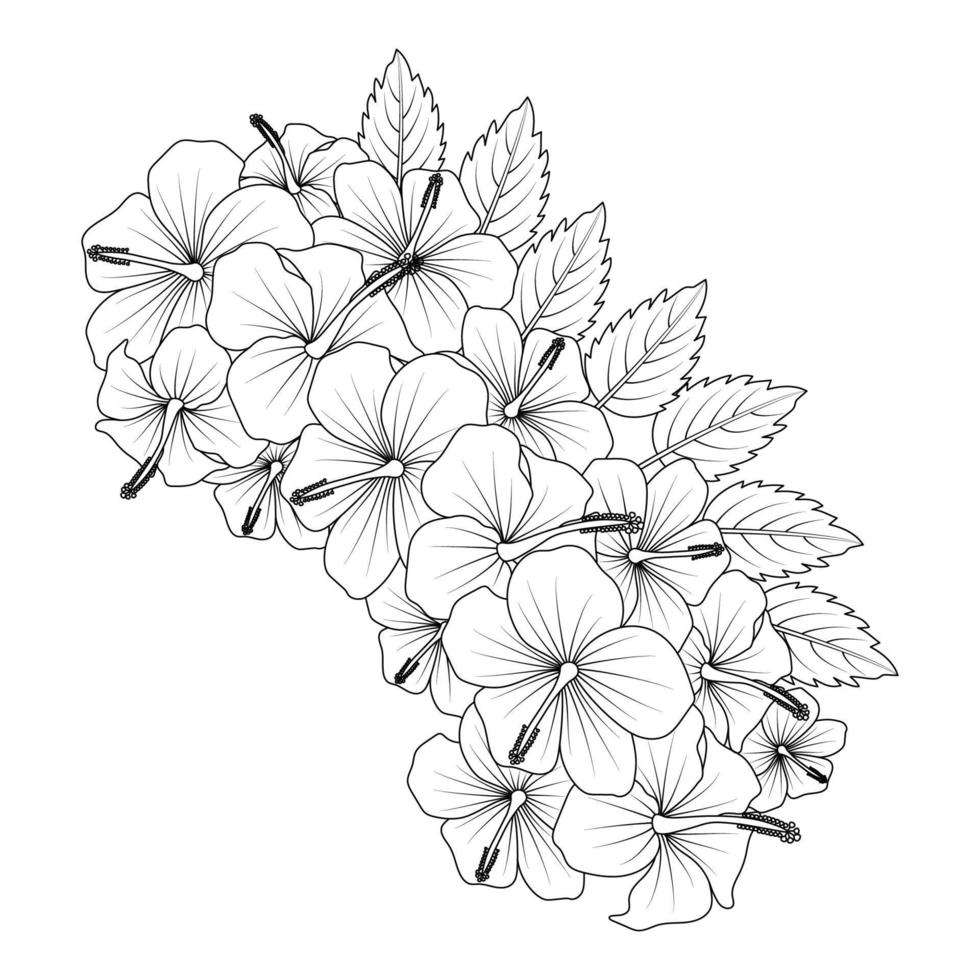 chinese hibiscus flower hand drawn coloring page illustration with line art on isolated background vector