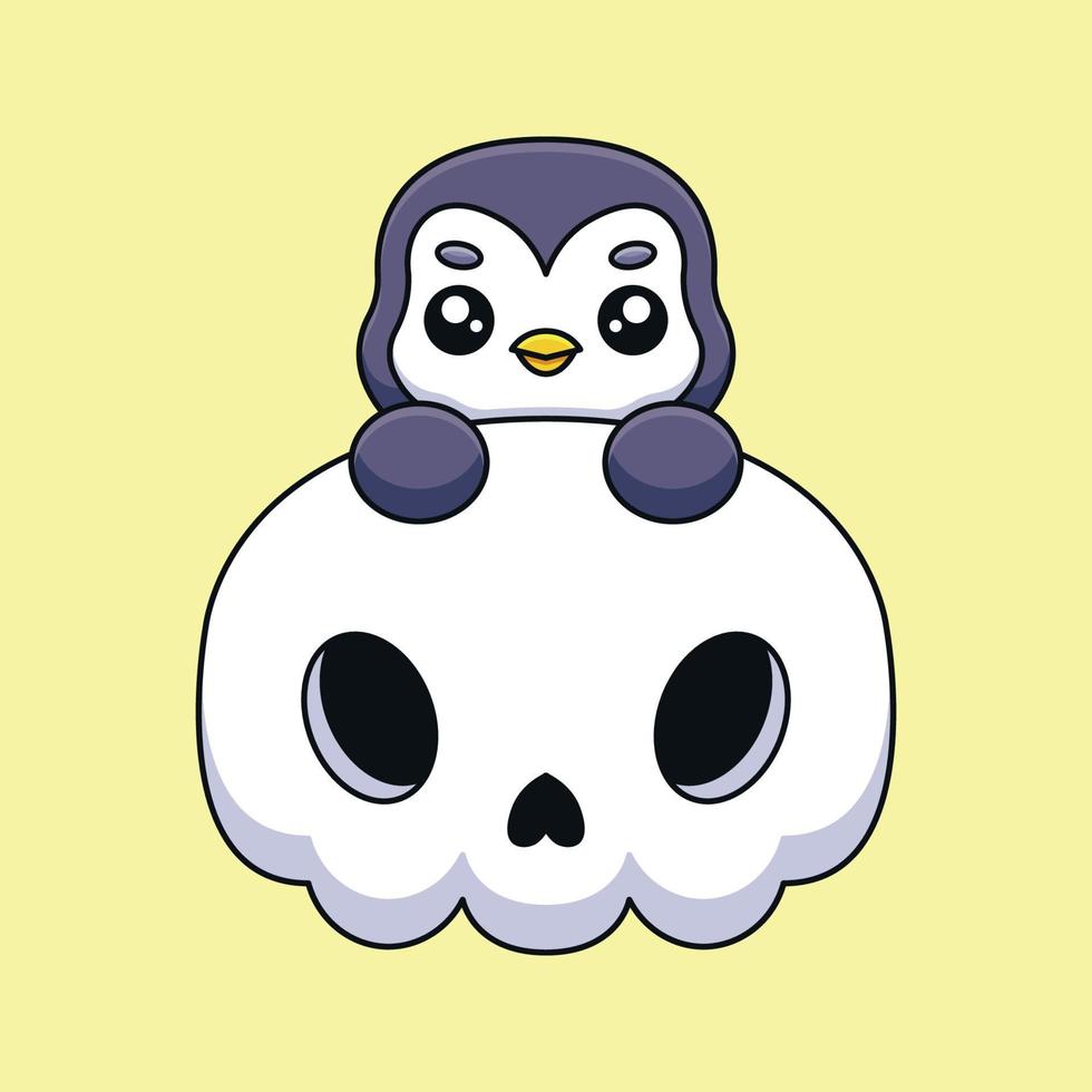 cute skull penguin halloween cartoon mascot doodle art hand drawn concept vector kawaii icon illustration