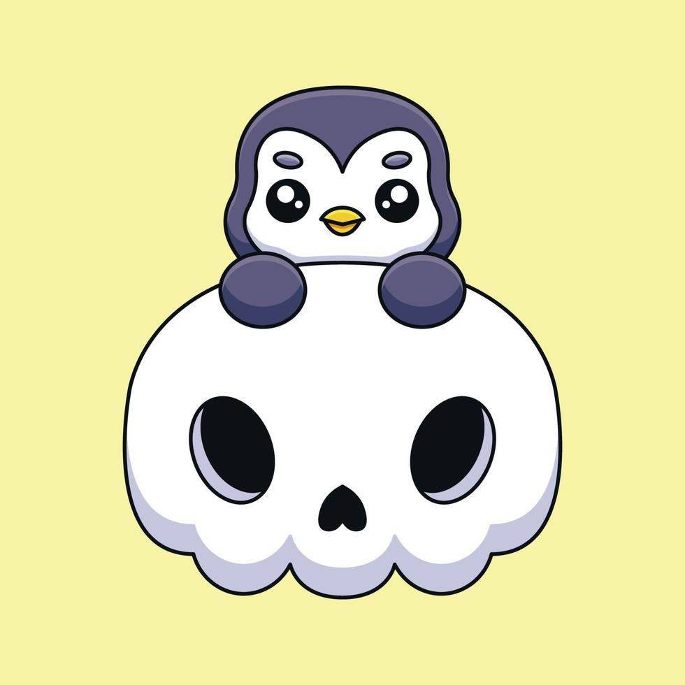 lindo cráneo pingüino halloween dibujos animados mascota garabato arte dibujado a mano concepto vector kawaii icono ilustración