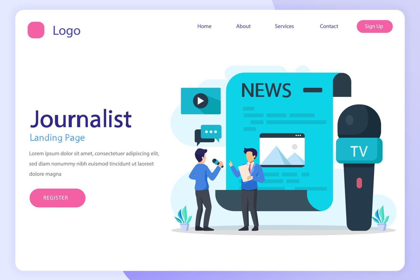 Journalist landing page website flat vector template